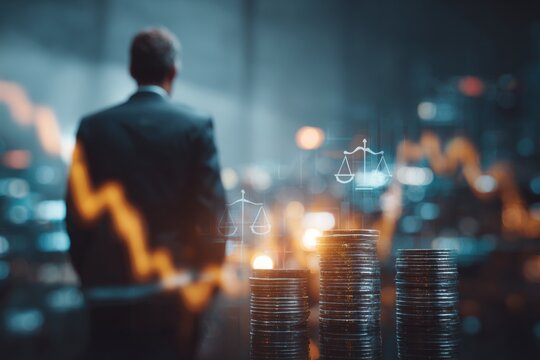 Business man looking at financial data and coins at night