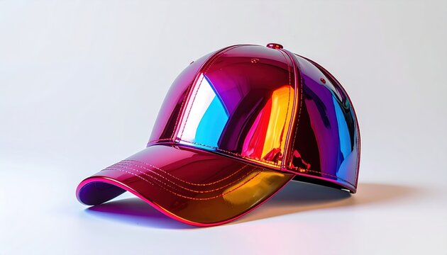 Iridescent Metallic Baseball Cap Reflecting Vibrant Colors.