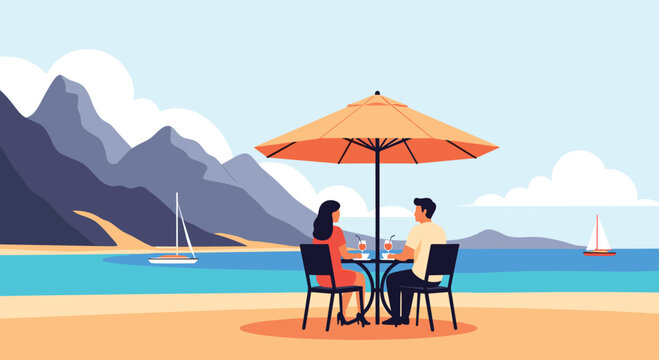 Romantic couple enjoys a peaceful drink at a seaside table under an umbrella with mountains in the background.