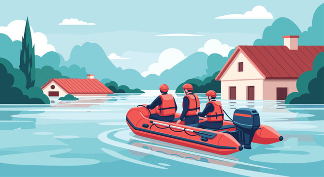Emergency rescue team in a motorized raft navigates through a flooded residential area with submerged homes.