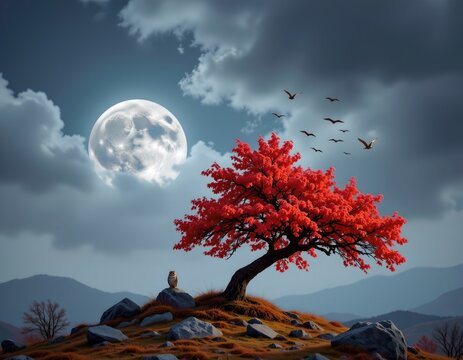 Solitary Tree Under Full Moon