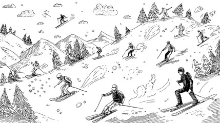 Large Group of Skiers Enjoying a Colorful Day of Skiing on Snow-Covered Slopes in Winter © Katya