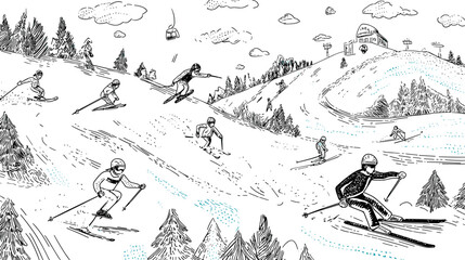 Large Group of Skiers Enjoying a Colorful Day of Skiing on Snow-Covered Slopes in Winter © Katya