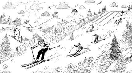 Large Group of Skiers Enjoying a Colorful Day of Skiing on Snow-Covered Slopes in Winter © Katya