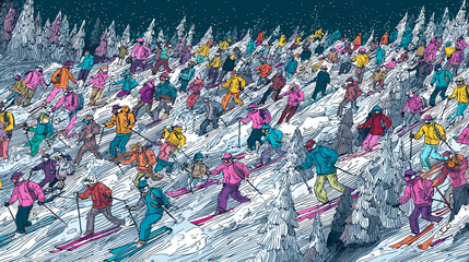 Large Group of Skiers Enjoying a Colorful Day of Skiing on Snow-Covered Slopes in Winter © Katya