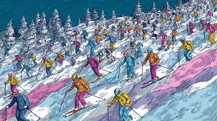 Large Group of Skiers Enjoying a Colorful Day of Skiing on Snow-Covered Slopes in Winter © Katya