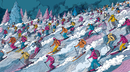 Large Group of Skiers Enjoying a Colorful Day of Skiing on Snow-Covered Slopes in Winter © Katya