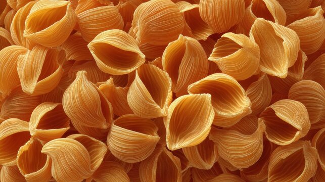 Dry pasta shells piled in a full frame close up