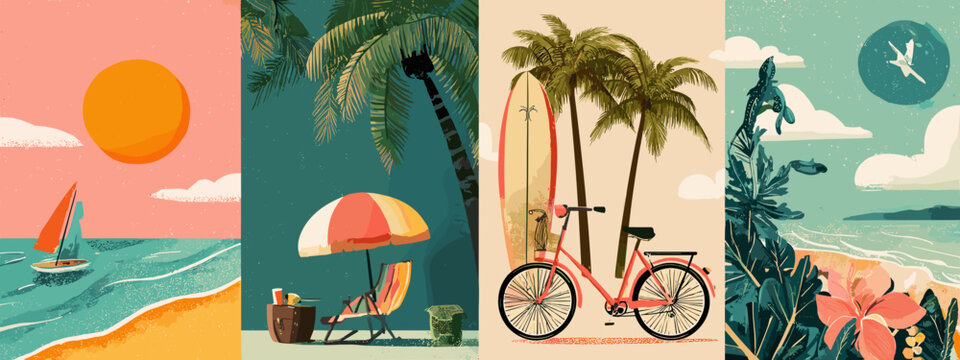 Colorful Vintage Summer Beach Scene with Sailboat, Bicycle, Umbrella, and Tropical Landscape