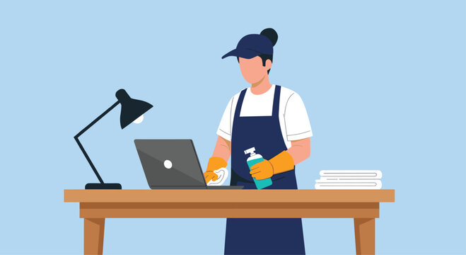 Cleaning professional in an apron and gloves sanitizes a laptop computer using a spray bottle and cloth.