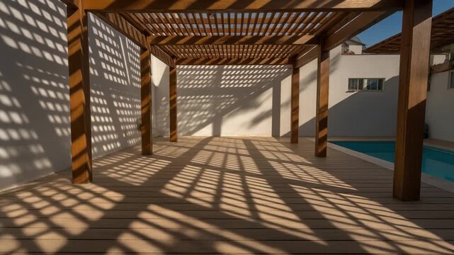 Architectural beauty of a wooden pergola with dramatic sun shadows