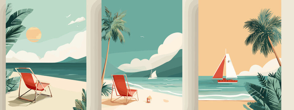 Colorful Vintage Summer Beach Scene with Sailboat, Bicycle, Umbrella, and Tropical Landscape