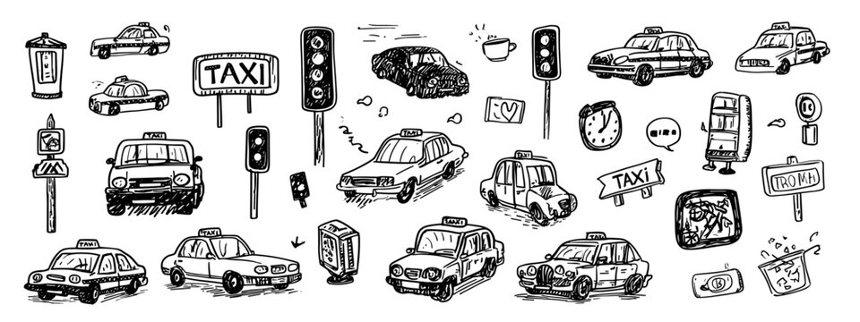 Collection of Cartoon Style Taxi and Traffic Icons with Signage in Black and White Illustration