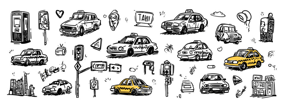 Collection of Cartoon Style Taxi and Traffic Icons with Signage in Black and White Illustration