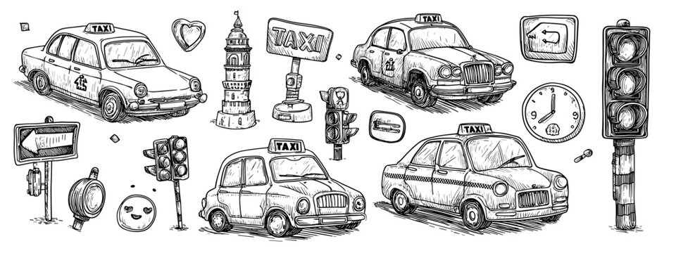 Collection of Cartoon Style Taxi and Traffic Icons with Signage in Black and White Illustration