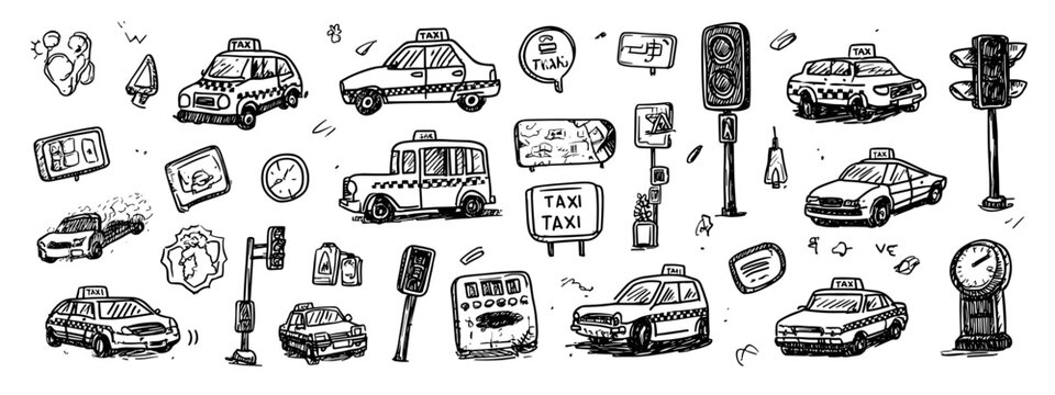 Collection of Cartoon Style Taxi and Traffic Icons with Signage in Black and White Illustration