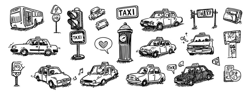 Collection of Cartoon Style Taxi and Traffic Icons with Signage in Black and White Illustration
