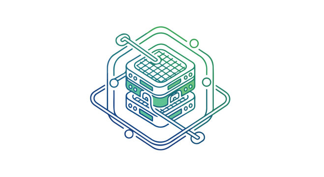 Isometric data server icon in thin line style, cloud computing and database storage vector, blue and green gradient network hardware illustration