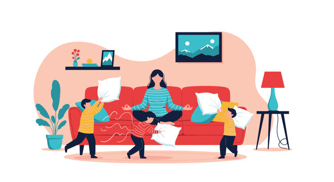 Patient mother meditating in a lotus pose on a red sofa while her three young children run around and play with pillows.