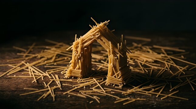 Spaghetti house structure on wooden table with scattered pasta