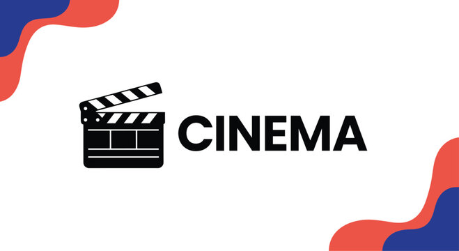 Black and white film clapperboard icon next to the word CINEMA on a white background with red and blue wavy borders.