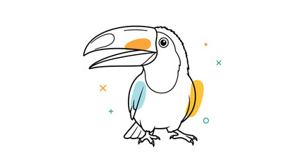 Obraz premium Playful line art illustration of a toucan bird with colorful abstract shapes in blue and orange, creating a modern artistic design.