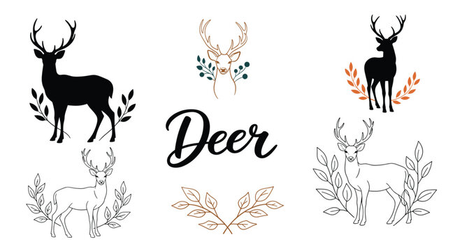 Collection of various deer illustrations, including silhouettes, line drawings, and floral accents, perfect for nature themed graphics.