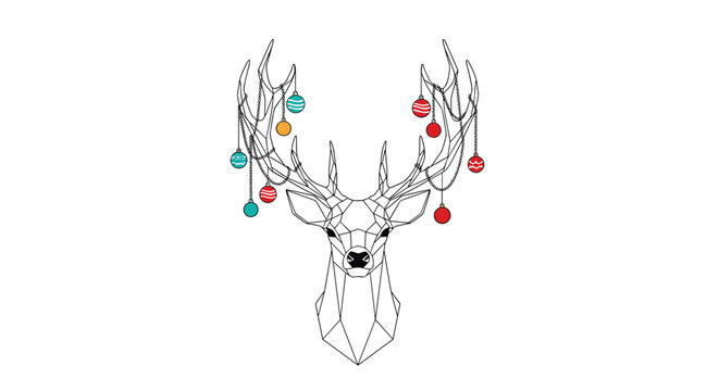 Geometric line art of a deer head with antlers decorated with colorful Christmas balls, blending modern design with festive themes.