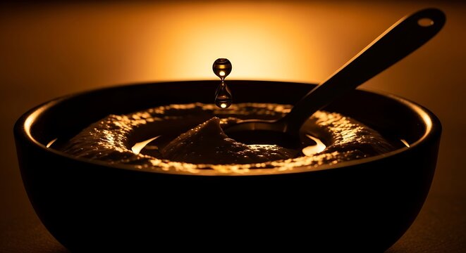 A single water droplet suspended above a spoon in a bowl of golden textured food.