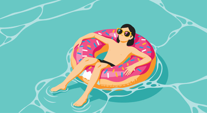 Relaxed person wearing sunglasses floating on a bright pink donut shaped pool float in crystal clear blue water.