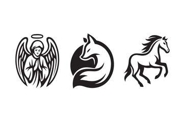 Obraz premium Black and white illustrations of an angel fox and horse