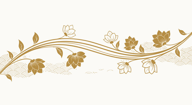 Elegant gold lotus flower border vector, luxury floral vine ornament with oriental wave pattern, decorative botanical header for wedding invitations