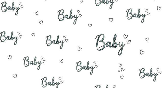 Minimalist seamless pattern with hand drawn baby text and small hearts in dark gray on a white background for nursery or infant fashion.