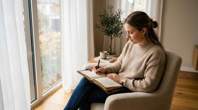 Young woman sitting in a chair by a window, writing in a notebook at home in soft natural light, calm and focused in a cozy interior for journaling, planning, and remote work scenes