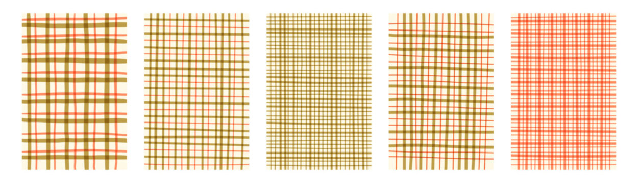 Set of hand drawn plaid patterns with intersecting lines in warm earthy tones. Minimal textured backgrounds with irregular grid