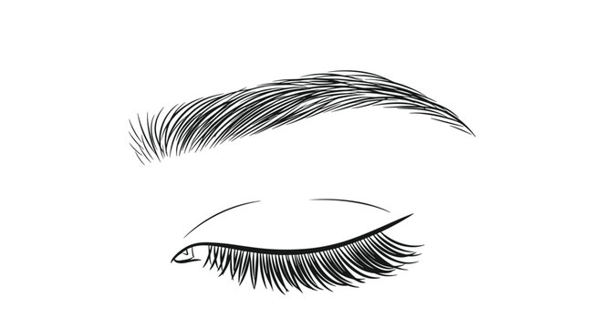 Close up sketch of a closed female eye with long dark eyelashes and a perfectly shaped eyebrow in artistic line art for beauty salon.