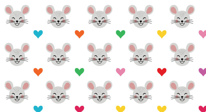 Cute seamless pattern of gray mouse heads with pink ears and colorful small hearts on a white background for children and nursery use.
