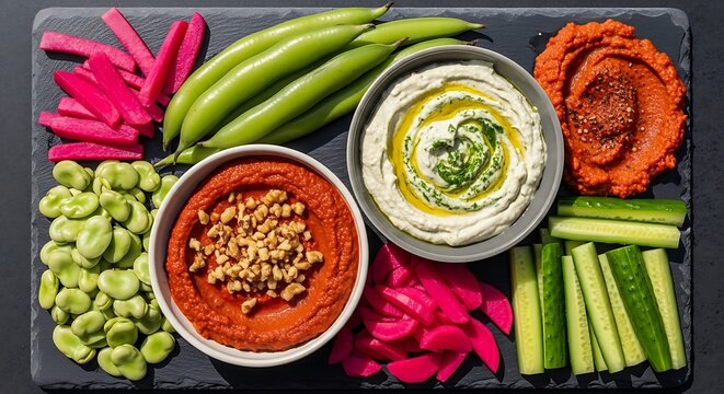 Delicious mezze platter featuring creamy dips, fava beans, and pickled vegetables