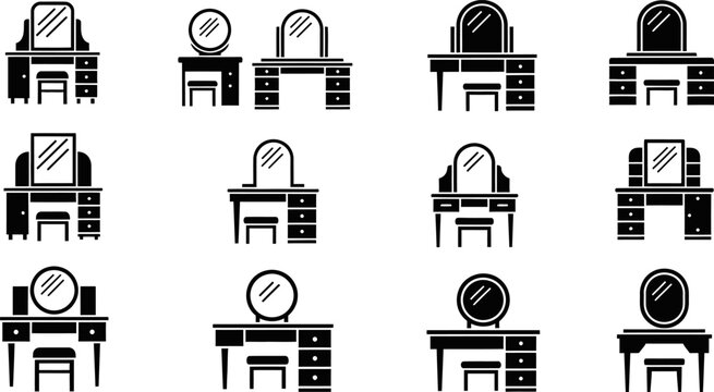 Collection of vanity table icons and designs with mirrors and stools eps.