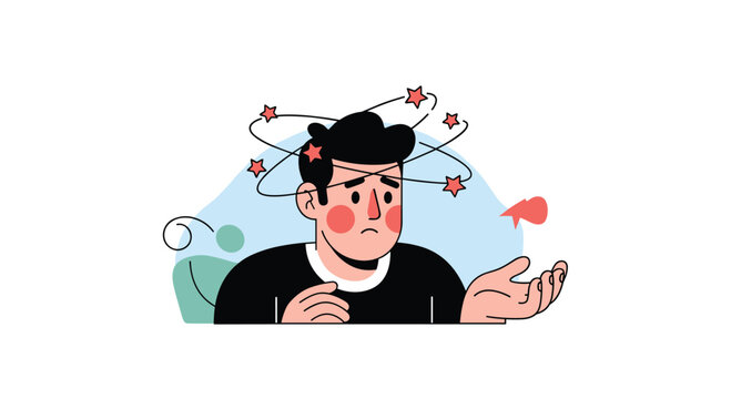 Cartoon character looking confused and dizzied with red stars circling around his head against an abstract light blue background.