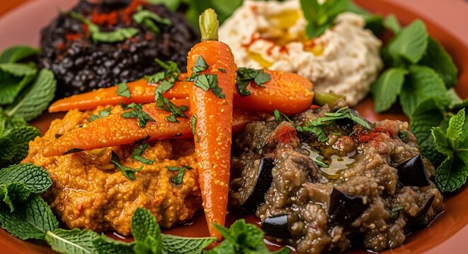 Delicious mezze platter featuring baba ghanoush, muhammara, hummus, and roasted carrots.