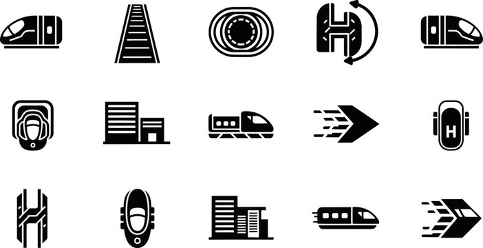 Hyperloop transport system vector icon set with high speed train station and subway eps.