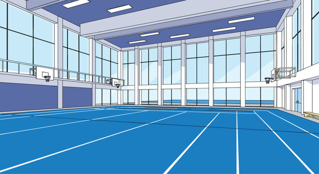 Large and modern indoor basketball gymnasium with blue flooring, multiple hoops, large windows, and bright natural lighting.