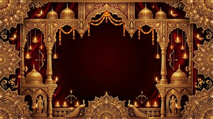 Fototapeta premium Golden ornate Indian traditional backdrop with decorative elements and illuminated lanterns, perfect for festive celebrations and cultural events