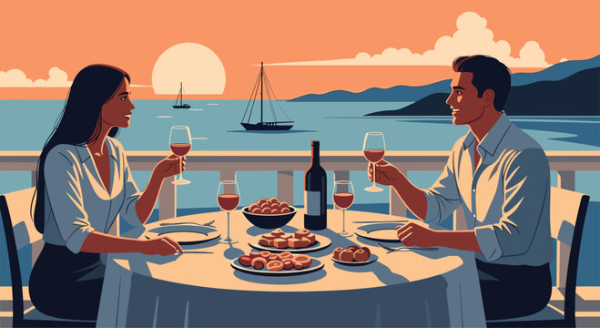 Happy couple enjoying a romantic sunset dinner on a seaside balcony with red wine and a view of mountains and a sailing boat.