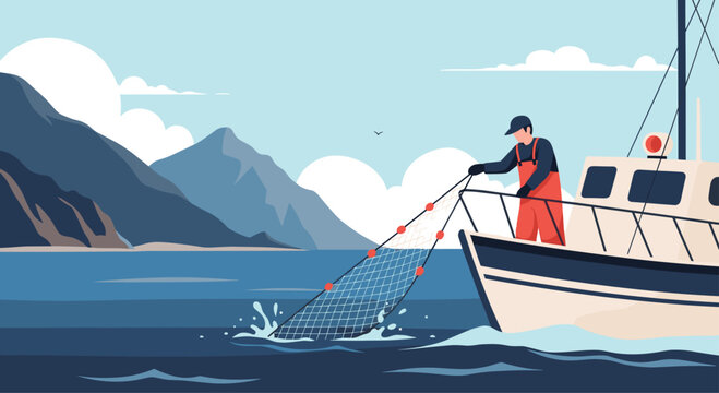 Professional fisherman standing on a boat pulling a large net from the blue sea with mountains and clouds in the background scenery.