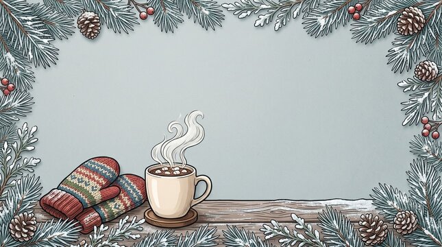 Horizontal winter-themed border featuring a steaming mug of hot chocolate with marshmallows and patterned mittens on a rustic wooden table surrounded by snow-dusted pine branches and pinecones