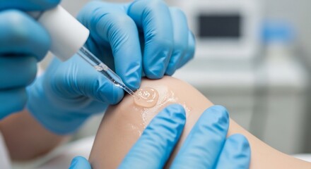 Fototapeta premium Close-up of a medical professional performing a skin biopsy procedure on a patients knee.