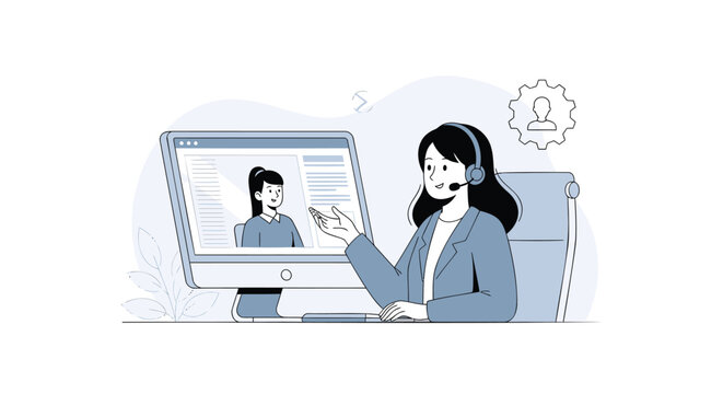 Customer support representative with headset on video call, female operator providing online assistance, remote consultant helping client via computer