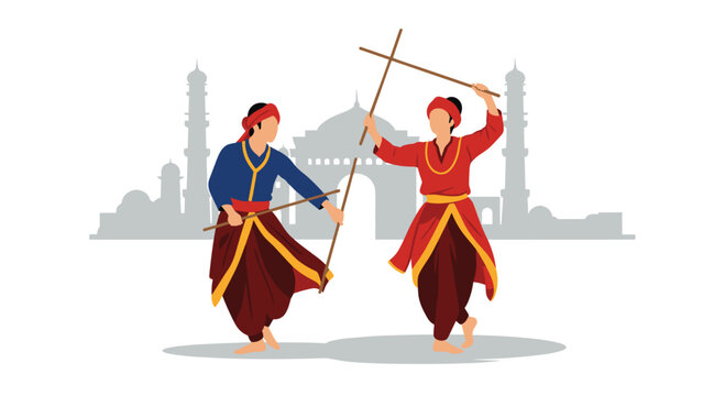 Two men in traditional colorful Indian clothing performing a folk stick dance against a gray architectural city silhouette.